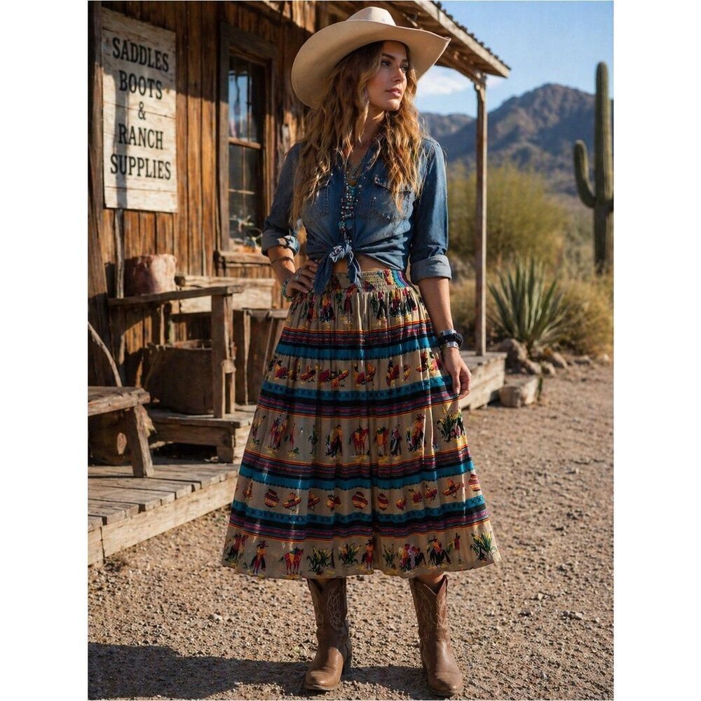 Anthropologie Tan Midi Skirt with Multicolor Southwestern Sombreros and Donkeys
